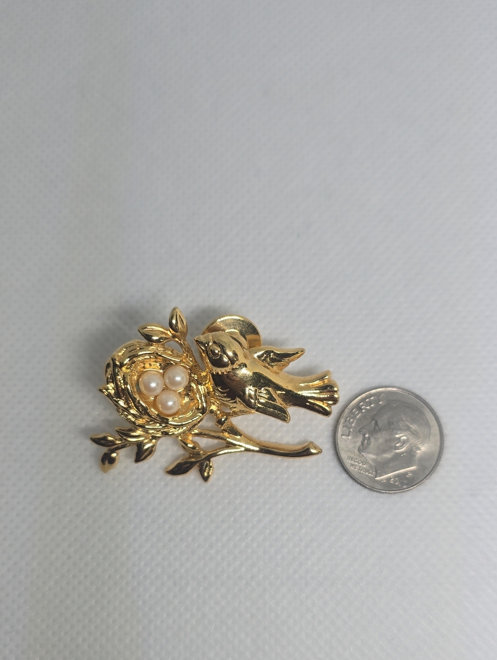 Vintage Gold-Tone Bird & Nest Brooch with Pearls
